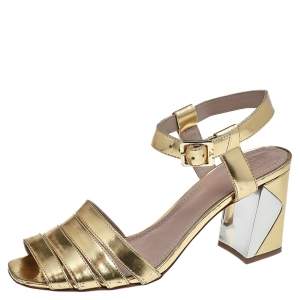 Pre Owned Tory Burch Metallic Gold Leather Block Heel Ankle Strap Sandals Size 38.5
