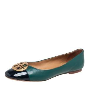 Tory Burch Green/Black Leather And Patent Leather Cap Toe Ballet Flats Size 39