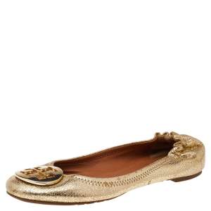 Tory Burch Metallic Gold Leather Minnie Scrunch Ballet Flats Size 36.5