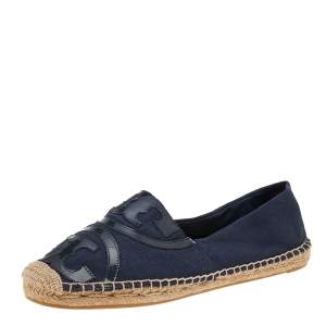Tory Burch Blue/Black Canvas And Patent Leather Espadrille Flats Size 40.5