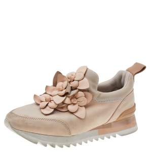 Pre Owned Tory Burch Pink Neoprene and Leather Blossom Floral Applique Slip On Sneakers Size 37