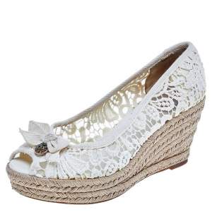 Pre Owned Tory Burch Beige Lace Jackie Bow Peep Toe Wedge Espadrille Pumps Size 37.5