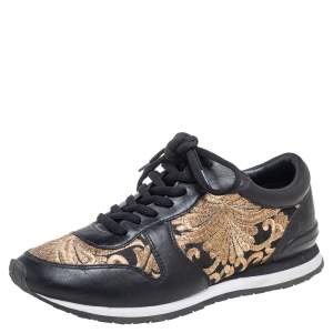 Pre Owned Tory Burch Black Leather and Brocade Fabric Brielle Sneakers Size 36