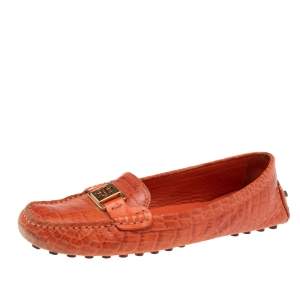 Pre Owned Tory Burch Orange Croc Embossed Leather Driver Loafers Size 39