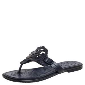 Pre Owned Tory Burch Black/Blue Leather Miller Flat Thong Sandals Size 35