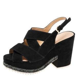 Pre Owned Tory Burch Black Suede  Espadrille Platform Ankle Strap Sandals Size 39