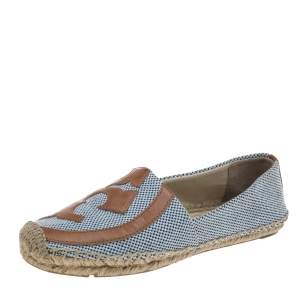 Pre Owned Tory Burch Blue/Brown Canvas And Leather Lonnie Espadrille Flats Size 39.5