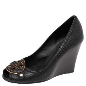 Pre Owned Tory Burch Black Leather Leticia Peep-Toe Wedge Pumps Size 38