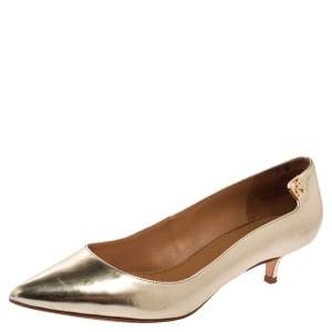 Pre Owned Tory Burch Metallic Gold Leather Pointed Toe Kitten Heel Pumps Size 38