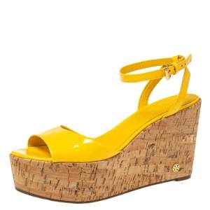 Pre Owned Tory Burch Yellow Patent Leather Dahlia Wedge Sandals Size 37