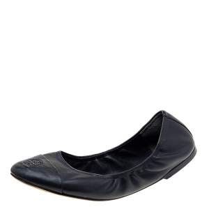 Pre Owned Tory Burch Black Leather Cap Toe Scrunch Ballet Flats Size 40