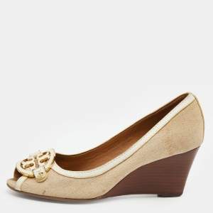 Pre Owned Tory Burch Beige/White Canvas and Leather Amanda Peep Toe Wedge Pumps Size 38