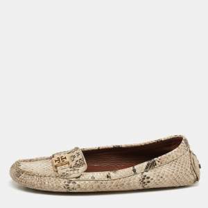 Pre Owned Tory Burch Cream/Brown Python Embossed Leather Driving Loafers Size 38.5