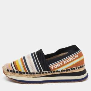 Pre Owned Tory Burch Multicolor Stretch Fabric Daisy Logo Espadrille Slip On Sneakers Size 37.5