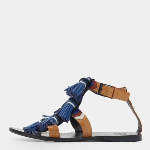 Pre Owned Tory Burch Multicolor Leather Weaver Tasseled Flat Sandals Size 38