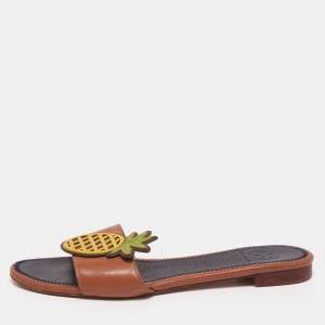 مملوكة مسبقًا Tory Burch Brown Leather Pineapple Applique Slide Flat Sandals Size 37