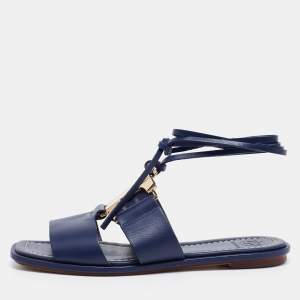 Pre Owned Tory Burch Nay Blue Leather Ankle Wrap Flats Size 36.5