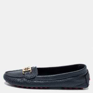Pre Owned Tory Burch Navy Blue Leather Slip On Loafers Size 36.5 