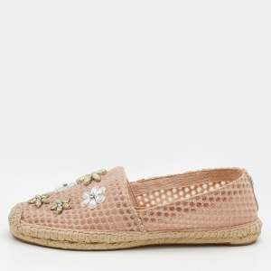 Pre Owned Tory Burch Pink Mesh Crystal Embellished Espadrille Flats Size 39