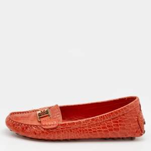 Pre Owned Tory Burch Orange Croc Embossed Leather Driver Loafers Size 39