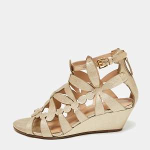 Pre Owned Tory Burch Metallic Gold Leather Laser Cut Sandals Size 36