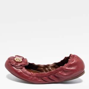 Pre Owned Tory Burch Burgundy Leather Scrunch Ballet Flats Size 36