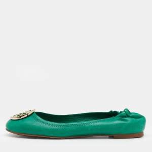 Pre Owned Tory Burch Green Leather Reva Scrunch Ballet Flats Size 38