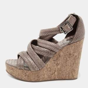 Pre Owned Tory Burch Taupe Python Embossed Leather Strappy Cork Wedge Sandals Size 36.5