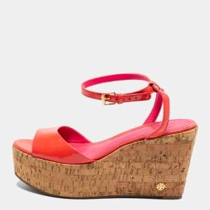 Pre Owned Tory Burch Pink Patent Leather Dahlia Cork Platform Wedge Sandals Size 37