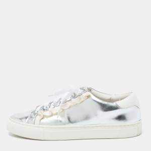 Tory Burch Silver/White Leather Tory Sport Ruffle Low Top Sneakers Size 38.5