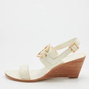 Pre Owned Tory Burch Cream Leather Wedge Sandals Size 38