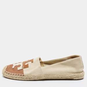 Pre Owned Tory Burch Beige/Brown Canvas Espadrille Flats Size 38.5