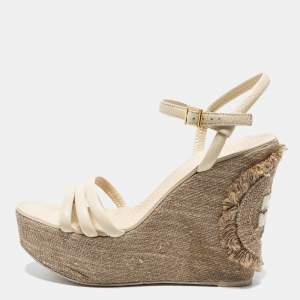 Pre Owned Tory Burch Cream Leather Ankle Strap Wedge Sandals Size 38