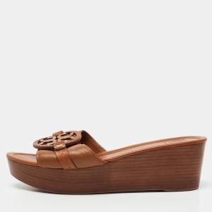 Pre Owned Tory Burch Tan Leather Selma Platform Wedge Sandals Size 41