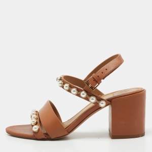 Pre Owned Tory Burch Brown Leather Emmy Pearl Ankle Strap Sandals Size 37