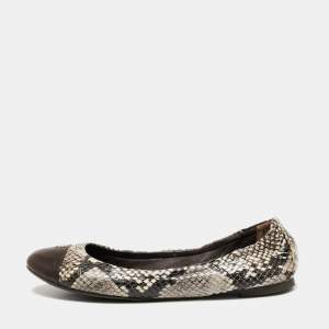 مملوكة مسبقًا Tory Burch Tri-Color Snakeskin Embossed Leather Cap Toe Scrunch Ballet Flats Size 38