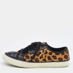 Tory Burch Black/Brown Leopard Print Calf Hair And Leather Low Top Sneakers Size 38