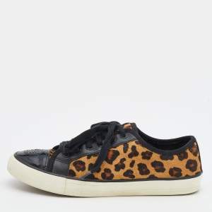 Pre Owned Tory Burch Black/Brown Leopard Print Calf Hair And Leather Low Top Sneakers Size 38