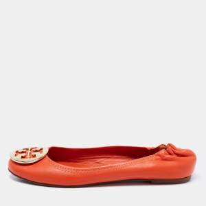 Pre Owned Tory Burch Orange Leather Reva Scrunch Ballet Flats Size 39