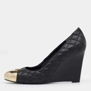 Pre Owned Tory Burch Black Quilted Leather Kaitlin Cap Toe Wedge Pumps Size 40