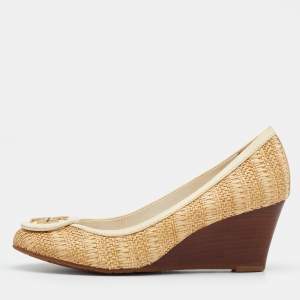 Tory Burch Beige Raffia And Leather Sally Wedge Pumps Size 36.5