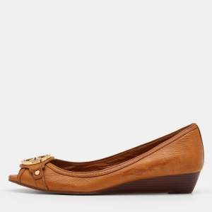 Pre Owned Tory Burch Tan Leather Amanda Peep Toe Wedge Pumps Size 41.5