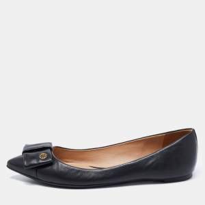 Pre Owned Tory Burch Black Leather Bow Ballet Flats Size 38
