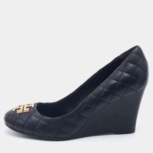 Pre Owned Tory Burch Black Quilted Leather Wedge Pumps Size 39 