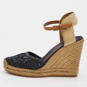 Pre Owned Tory Burch Dark Blue/Beige Lace And Woven Jute Wedge Espadrille Sandals Size 38.5