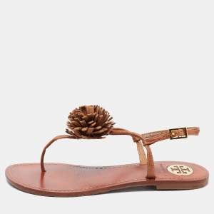 Pre Owned Tory Burch Brown Leather Thong Flat Sandals Size 36.5