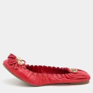 Pre Owned Tory Burch Red Leather Reese Tassel Scrunch Ballet Flats Size 38