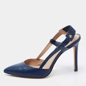 Pre Owned Tory Burch Navy Blue Leather Pointed Toe Slingback Pumps Size 37.5