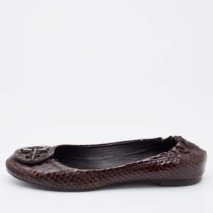 Pre Owned Tory Burch Dark Brown Python Embossed Leather Reva Ballet Flats Size 38.5