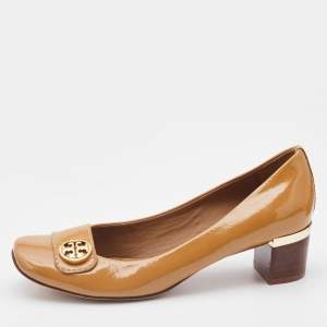 Tory Burch Light Brown Patent Leather Marion Block Heel Pumps Size 36.5